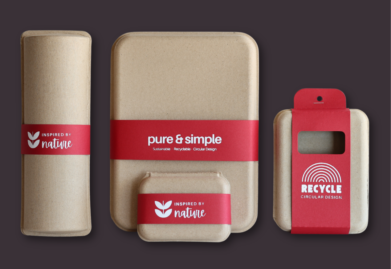 Molded pulp packaging with wrap around branded sleeves
