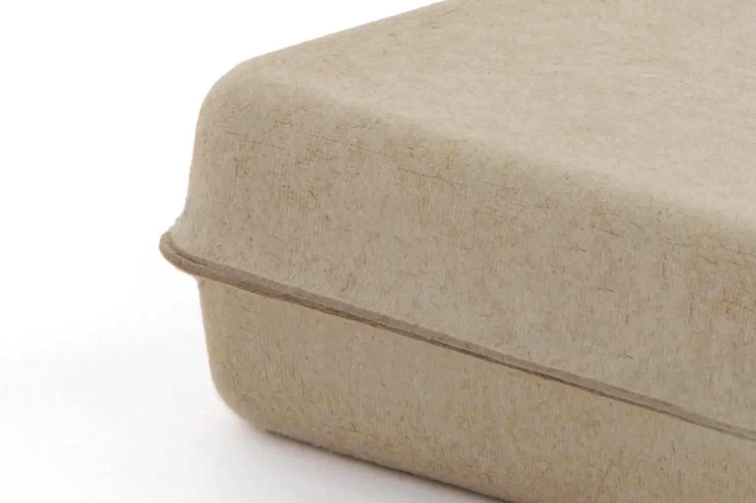 Molded pulp packaging box by s-packaging.com displayed upright on a natural stone, with embossed 'please reuse & recycle' text and leaf logo — eco-friendly sustainable packaging for brands