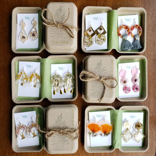 Handmade Jewelry boxes made from pulp clamshells and hand stamped